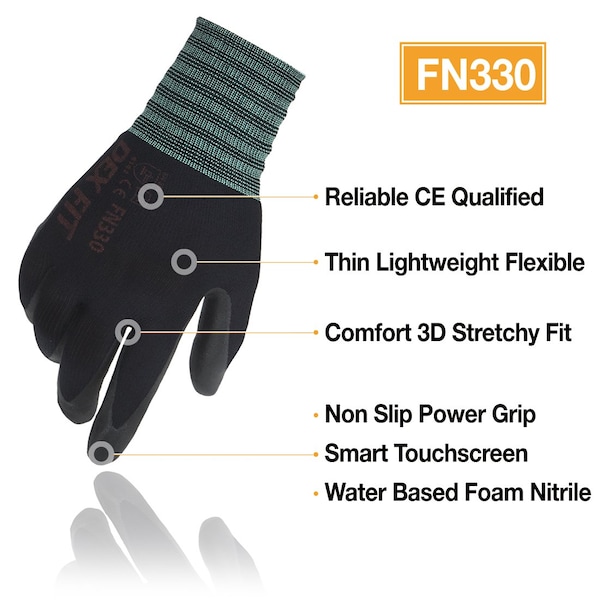 Nitrile Work Gloves FN330, 3D-Comfort Fit, Grip, Thin & Lightweight, Black, Size XL 10, 3PK